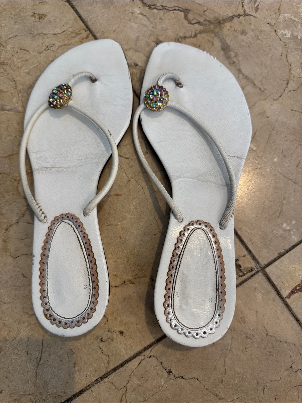 Sisley-Paris White Thong Sandals with Multicolor Crystal Button